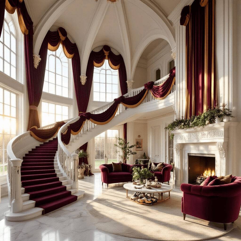 A grand Victorian living room with vaulted ceilings and exposed beams, featuring burgundy and gold striped bows cascading down a staircase, illuminated by sunset light through floor-to-ceiling windows. A white marble fireplace decorated with greenery and vintage ice skates contrasts with modern velvet furnishings in deep jewel tones, all captured from a ground-level perspective.
