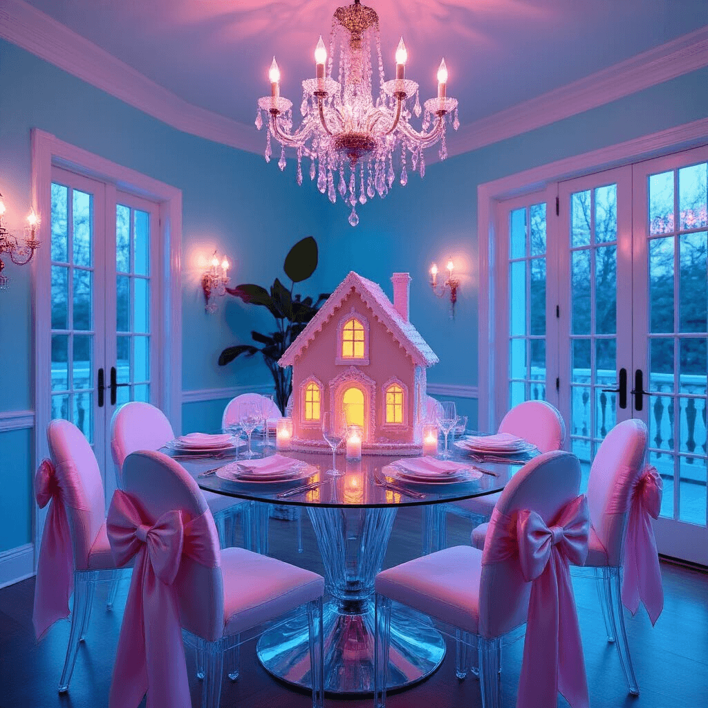 Intimate dining room at dusk with pastel blue and bright pink hues, featuring a crystal chandelier, modern ghost chairs adorned with silk bows, and a glass table with a lit architectural gingerbread house centerpiece, illuminated by multiple light sources.