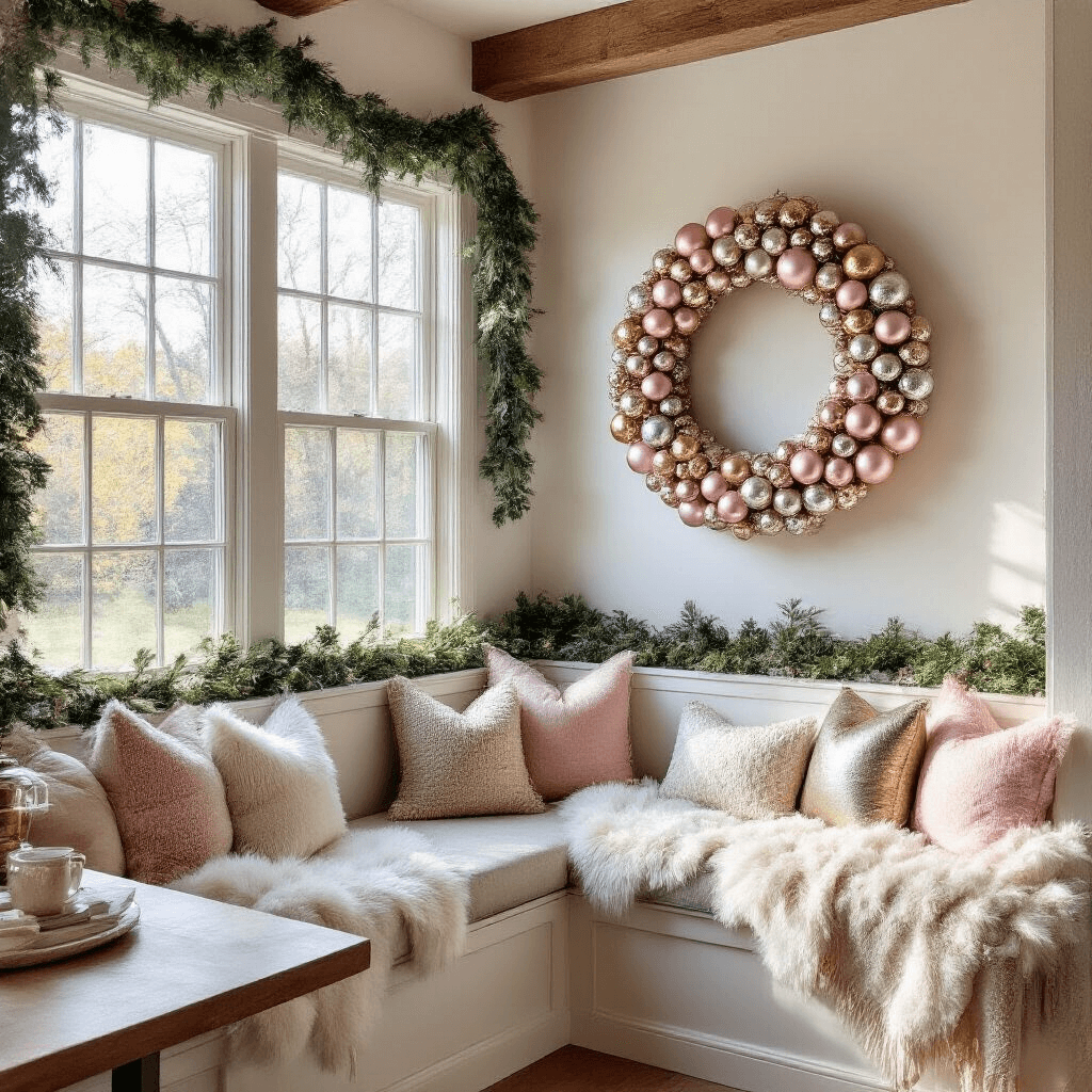 Cozy breakfast nook with high ceilings, featuring a DIY vintage ornament wreath of mercury glass baubles, natural garland with handknit mini sweaters framing the window, banquette seating with faux fur throws and metallic pillows, all illuminated by soft morning light.