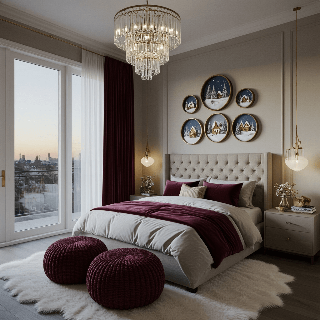 A luxurious master bedroom at twilight, featuring a tray ceiling with crystal pendant lights, a window wall draped in burgundy and gold velvet and sheer ribbons, and a gallery of custom hoop wreaths showcasing miniature winter scenes above a plush upholstered headboard. The scene includes knitted poufs and a fur tree skirt for added texture, shot from an elevated angle with a mix of cool exterior and warm interior lighting in a contemporary maximalist style.