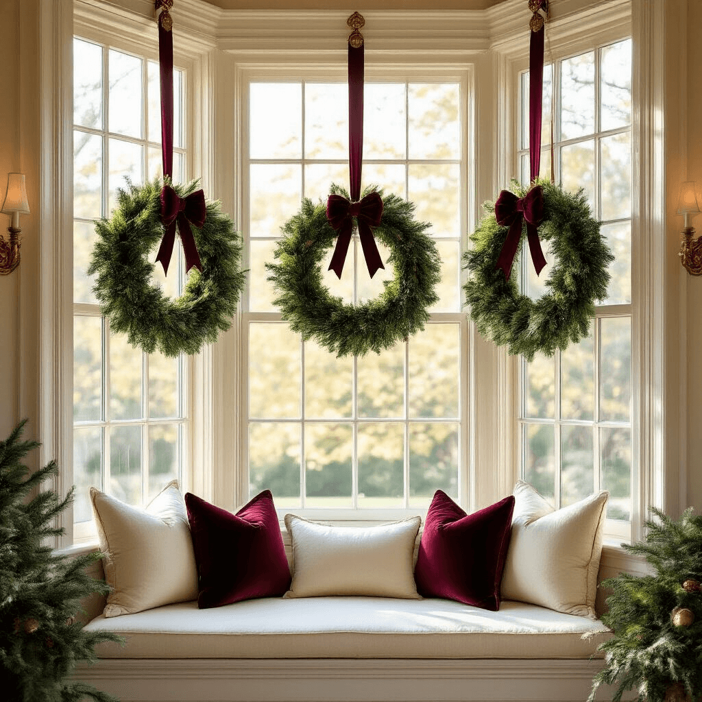 A Victorian-style living room featuring a grand bay window adorned with oversized evergreen wreaths on ivory ribbons, illuminated by golden hour light, with shadows across a cream-cushioned window seat.