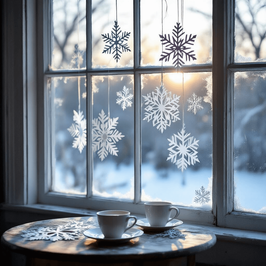 An intimate breakfast nook window corner at dawn, featuring delicate hand-cut paper snowflakes cascading across the panes, casting intricate shadows on a rustic wooden table below. Crystal prisms hang between the snowflakes, creating rainbow refractions, against a steel blue morning sky and frost-kissed window edges.