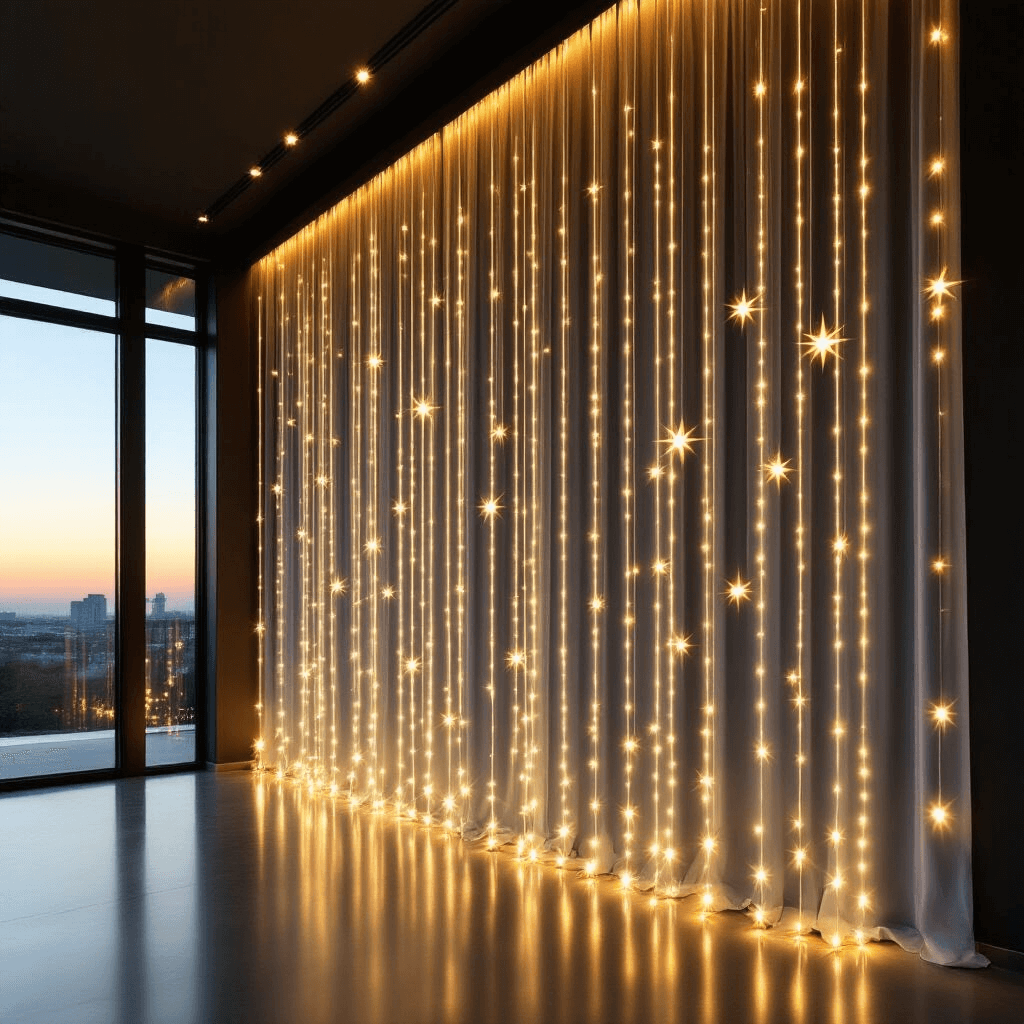 A minimalist living space featuring floor-to-ceiling windows at dusk, illuminated by warm white LED curtain lights cascading from brushed steel rods against dark charcoal walls, with a polished concrete floor reflecting the golden light streams.