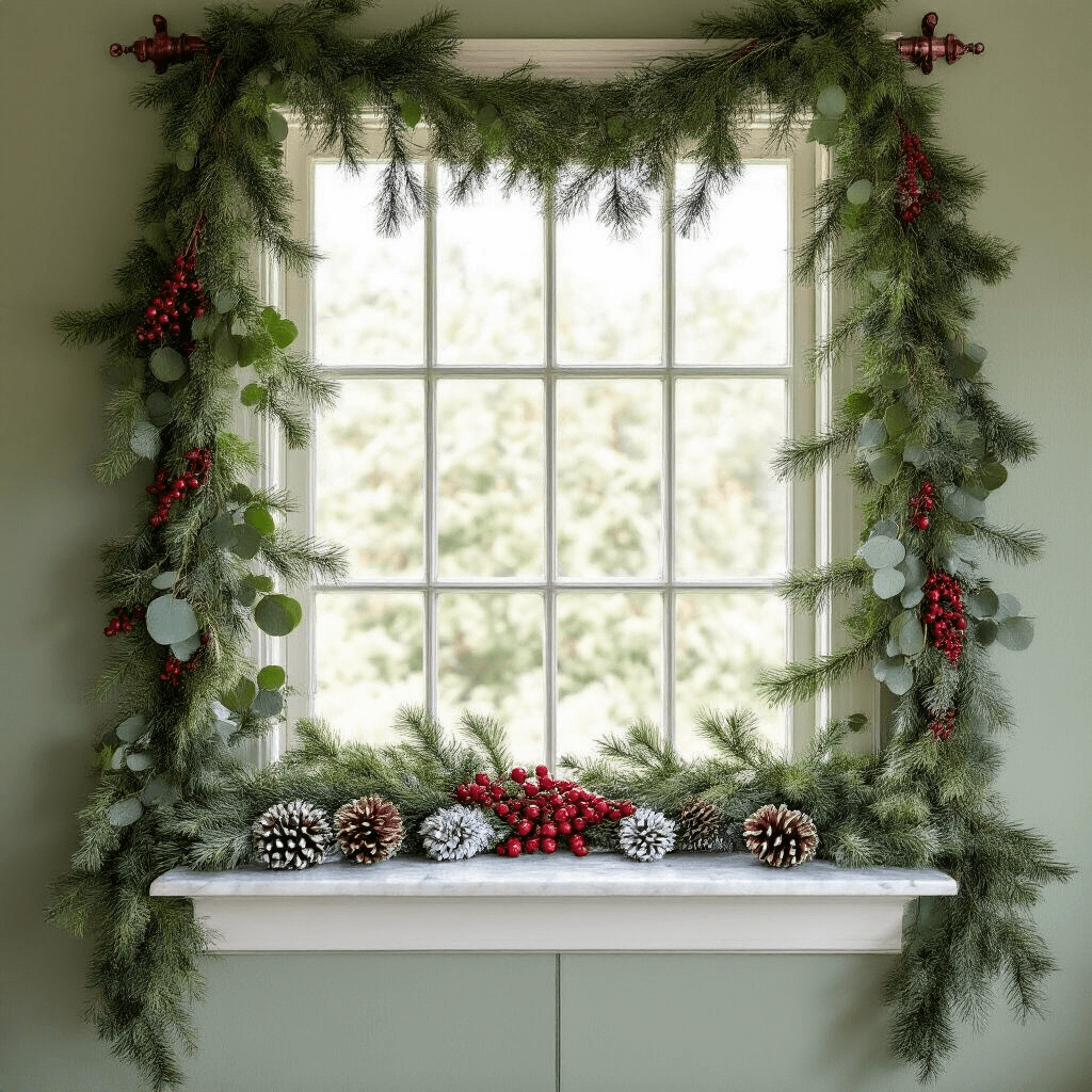 A craftsman-style kitchen window adorned with fresh pine and eucalyptus garlands, featuring silver-frosted pinecones and red berries, illuminated by midday natural light. The asymmetrical draping is secured with vintage copper hooks, showcasing layered foliage against a white marble windowsill, with sage green walls enhancing the natural palette. Morning dew drops are noticeable on some leaves.