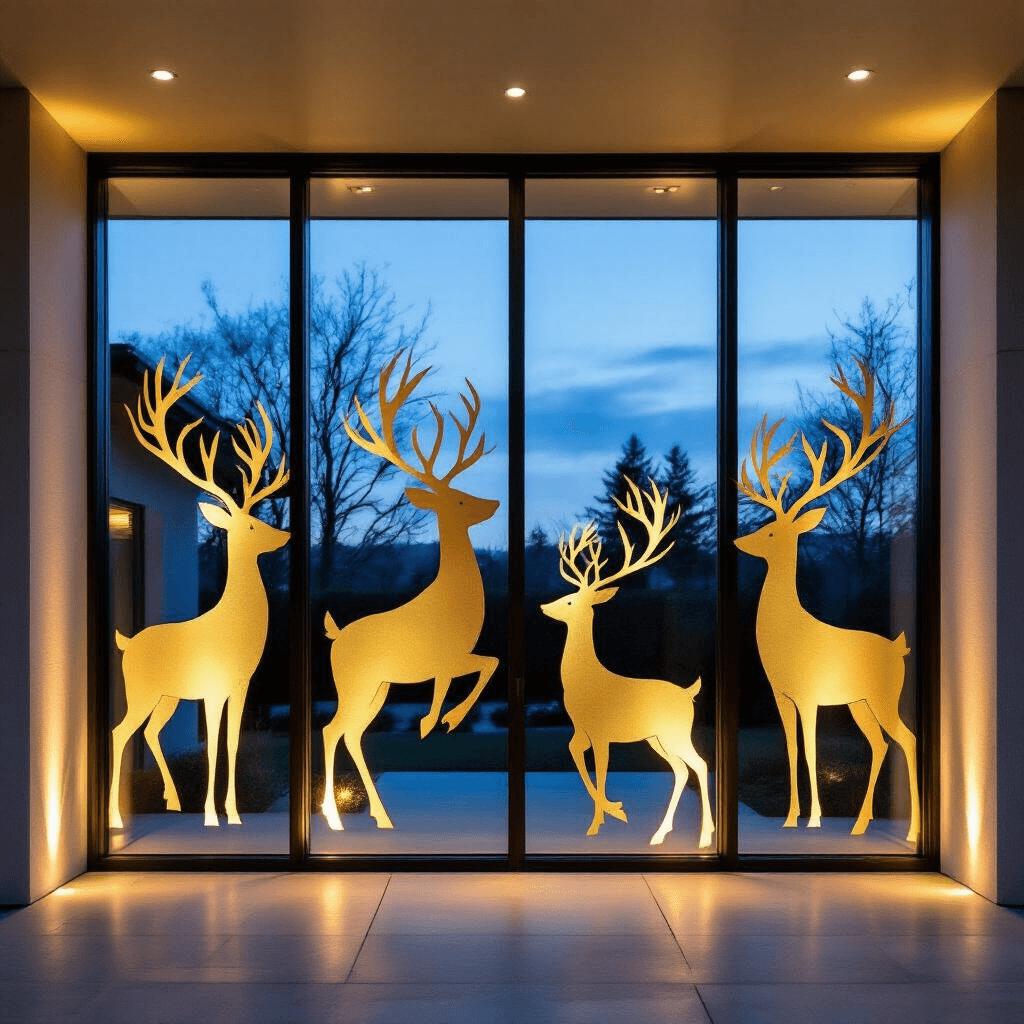 Contemporary double-height entryway featuring oversized metallic gold reindeer silhouettes in dynamic poses on window panes, backlit by garden spotlights and enhanced by interior uplighting, captured from below to highlight architectural grandeur against a twilight backdrop.