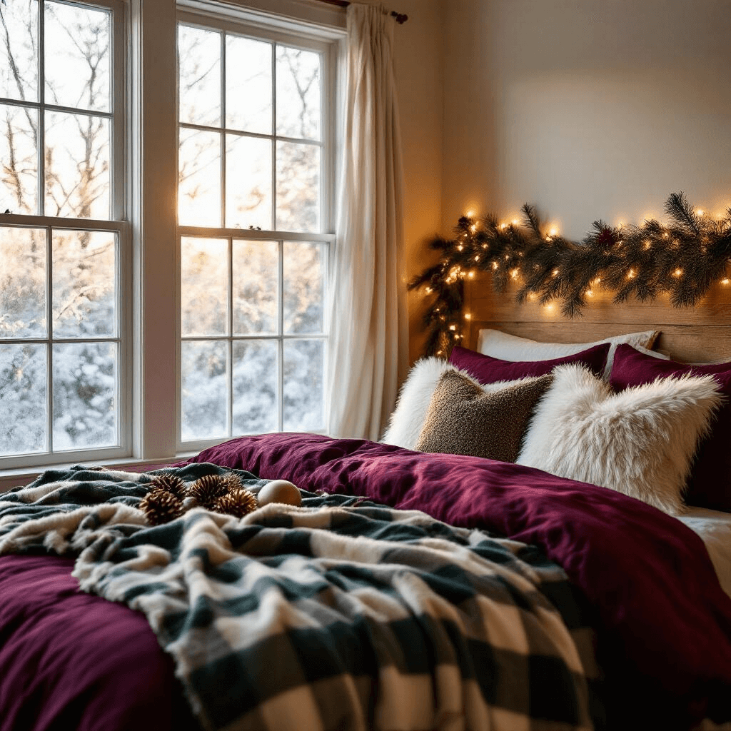 Cozy bedroom with golden hour light, featuring a queen bed in deep burgundy flannel, layered with cream and forest green tartan throws, oversized ivory faux fur pillows, a wooden headboard wrapped in warm white fairy lights, and a natural pine garland with copper-tinted pinecones, shot from a low corner angle at f/2.8 to capture soft bokeh effects.