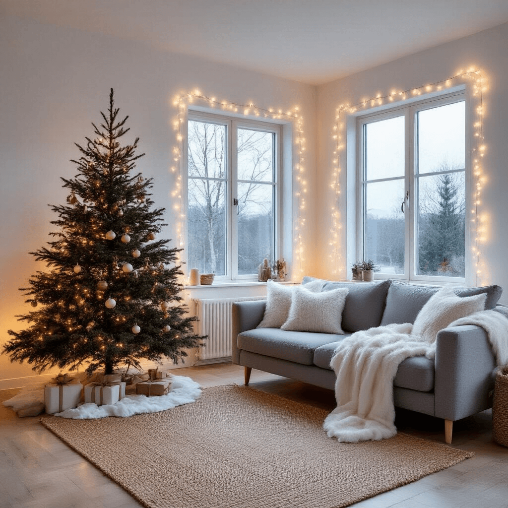 Wide-angle view of a minimalist Scandinavian living room at dusk, featuring a sparse decorated Norwegian spruce, a gray sofa with white sheepskin throws, and fairy lights outlining the windows, highlighting a serene atmosphere with contrasts of cool blue twilight and warm interior lighting.