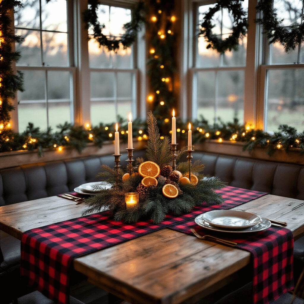 Intimate dining nook featuring a farmhouse-style wooden table with a hand-crafted centerpiece of pine branches, dried orange slices, and vintage brass candlesticks, set against a buffalo check runner. Evergreen garland and warm-white LED strips decorate vintage windowpanes, all captured during blue hour for a warm, nostalgic atmosphere with layered textures.
