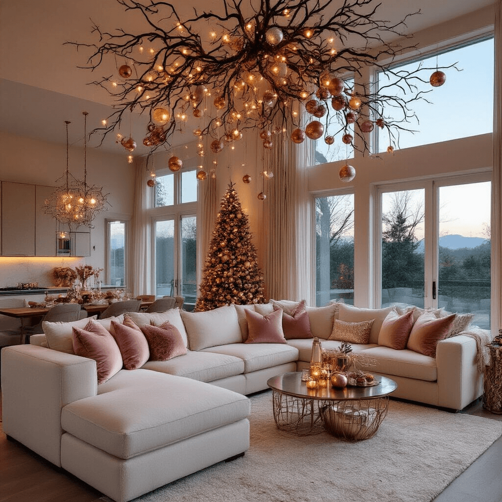 Contemporary great room at twilight with a boho-chic holiday vibe, featuring a cream sectional with pink and gold pillows, a dramatic dried branch installation with copper wire lights, and cascading rose gold and silver ornaments, captured in a wide angle to emphasize depth and architectural details.