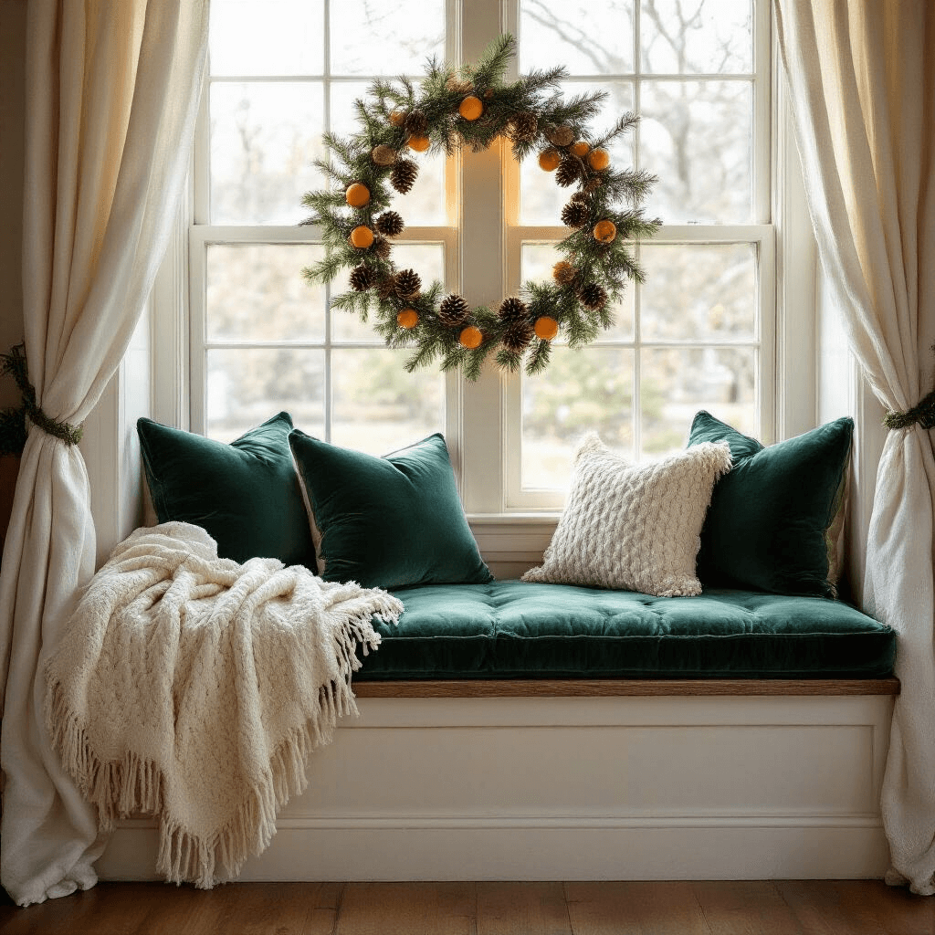 A cozy window seat nook featuring a vintage wooden bench adorned with emerald velvet cushions and cream cable-knit throws, framed by a garland of pinecones and dried citrus. The scene is softly illuminated by LED strips behind sheer white curtains, captured in a macro shot that highlights intricate textures in the bright morning light.
