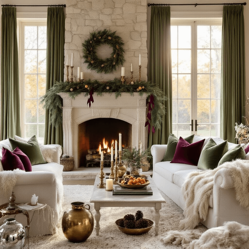 Transforming Your Living Room: Magical Christmas Decor Ideas for 2025 A warm and inviting living room at golden hour, featuring large windows dressed in sage green velvet curtains, a grand limestone fireplace adorned with a fresh pine garland and dried orange slices, and white furniture including a plush sofa with cranberry and sage pillows. Vintage brass candlesticks line the mantel, enhanced by soft natural light and scattered mercury glass votives, with textural layers from a cream faux fur throw and metallic ornaments in antique bowls.