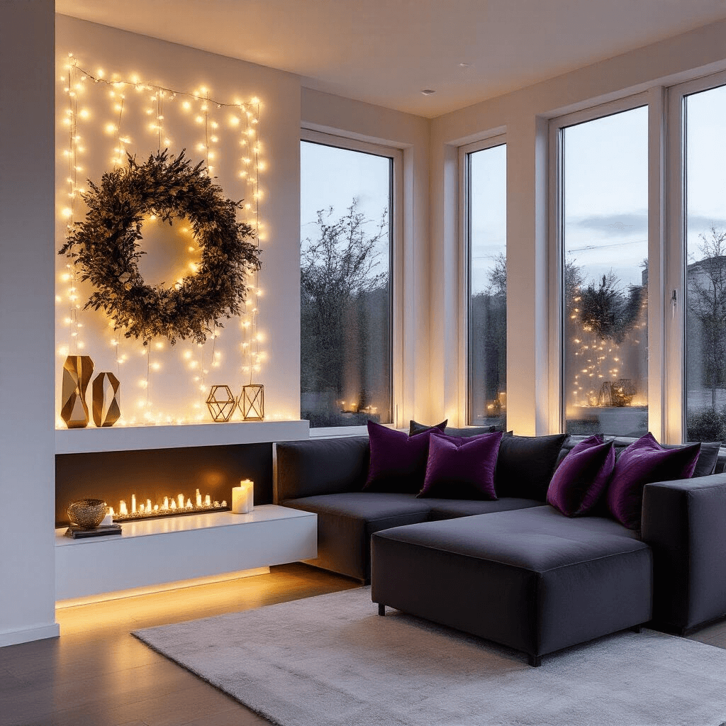 Transforming Your Living Room: Magical Christmas Decor Ideas for 2025 A modern living space at dusk featuring warm white string lights, floor-to-ceiling windows with plum and gold decor, and a charcoal sectional sofa adorned with deep purple velvet pillows. Geometric gold sculptures and greenery are styled on floating white shelves. The image captures dramatic shadows and metallic accents highlighted by uplighting.