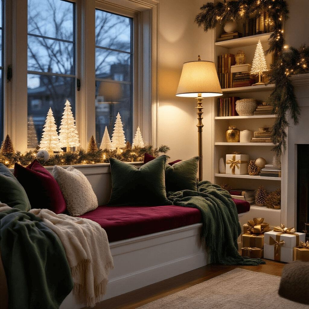 Transforming Your Living Room: Magical Christmas Decor Ideas for 2025 Cozy twilight living room with layered lighting, featuring a vintage brass floor lamp, a holiday-themed bookshelf with white ceramic trees and gold-dipped pinecones, a window seat adorned with burgundy velvet cushions and sage green throws, and coordinated white and gold gift wrap beneath a green wall-mounted swag.