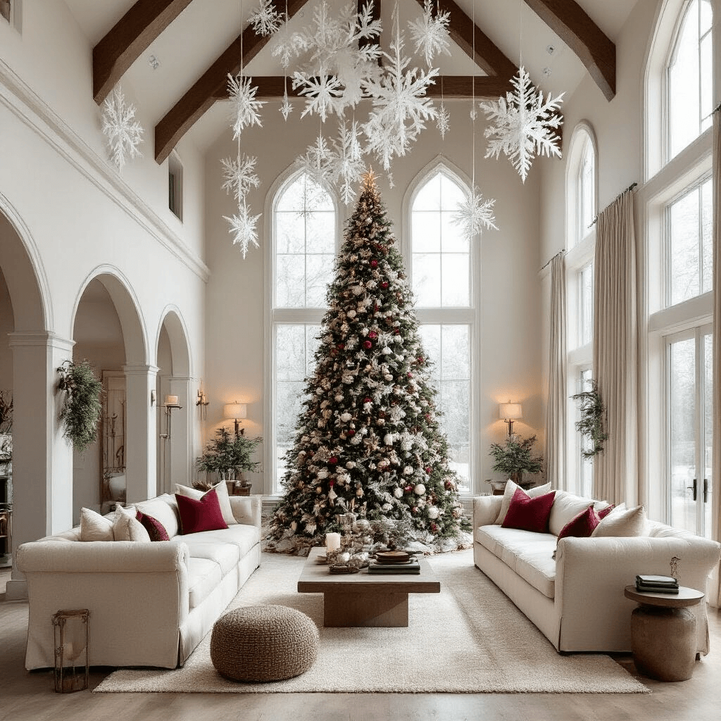 Transforming Your Living Room: Magical Christmas Decor Ideas for 2025 An expansive great room with a dramatic cathedral ceiling decorated with white paper snowflakes, featuring a large Christmas tree in sage and cranberry colors, surrounded by cream linen sofas, with mixed metallics and natural elements providing texture, all illuminated by natural and accent lighting.