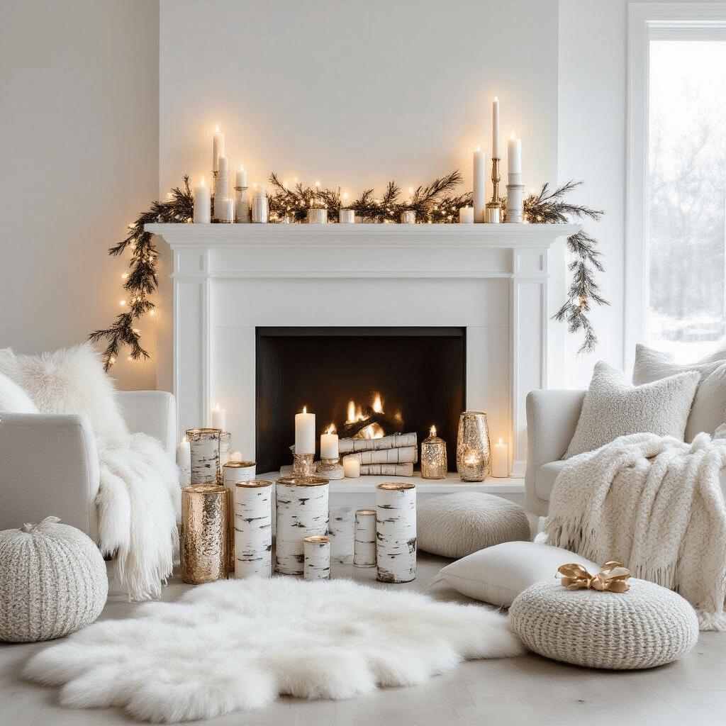 Transforming Your Living Room: Magical Christmas Decor Ideas for 2025 A serene Nordic-inspired living space featuring a white-on-white decor scheme with gold accents, illuminated by diffused morning light. The room is styled for the holidays with white birch logs, mercury glass ornaments, and delicate string lights, complemented by a modern white fireplace adorned with varying-height candlesticks. Soft textures are present with sheepskin rugs, chunky knit throws, and winter white velvet pillows, all captured from a floor-level perspective.