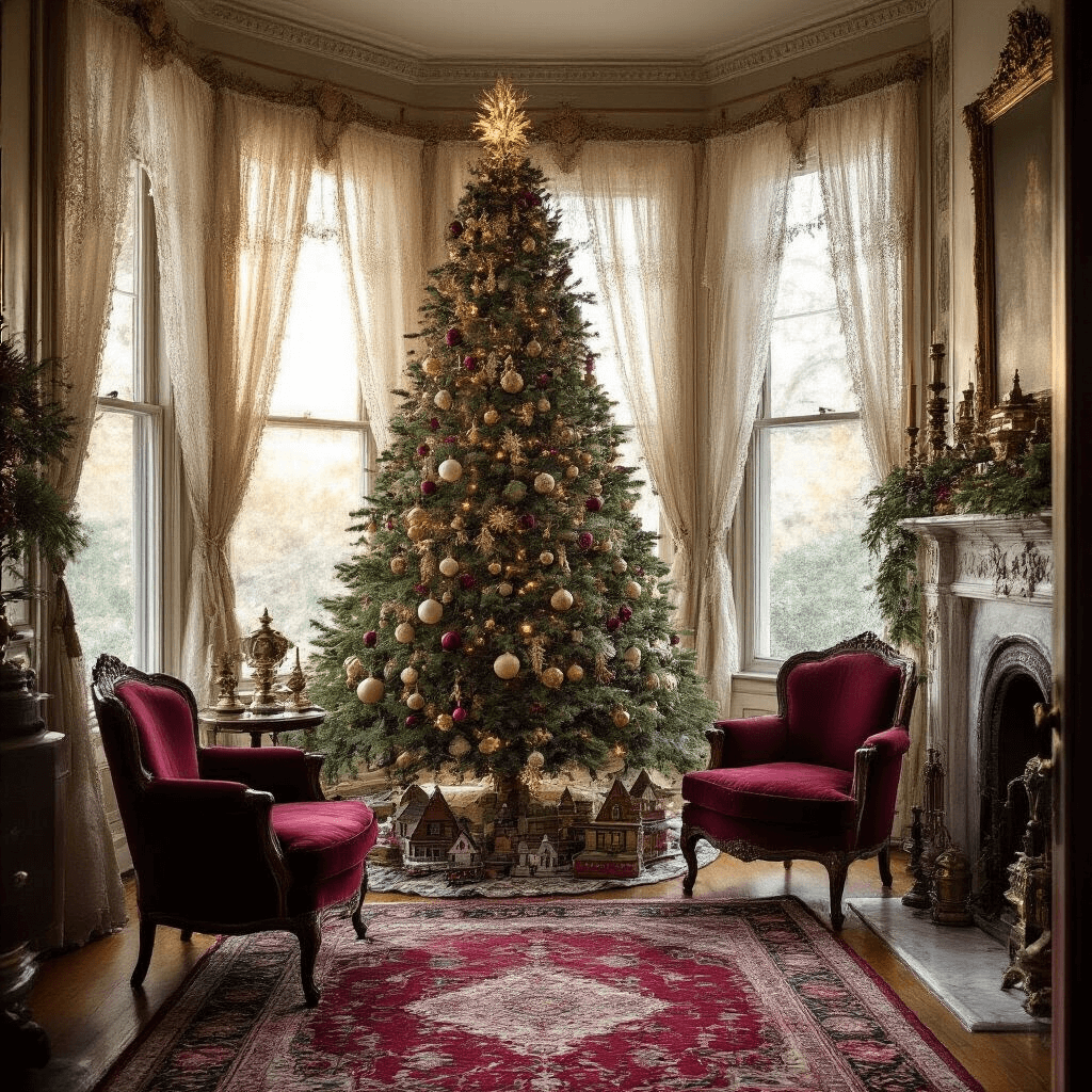 A beautifully decorated Victorian parlor at golden hour, featuring a noble fir adorned with Shiny Brite ornaments, burgundy velvet armchairs, a marble fireplace with cedar garland, vintage Putz houses, and rich jewel-tone Persian rug, all bathed in warm light filtering through lace curtains.