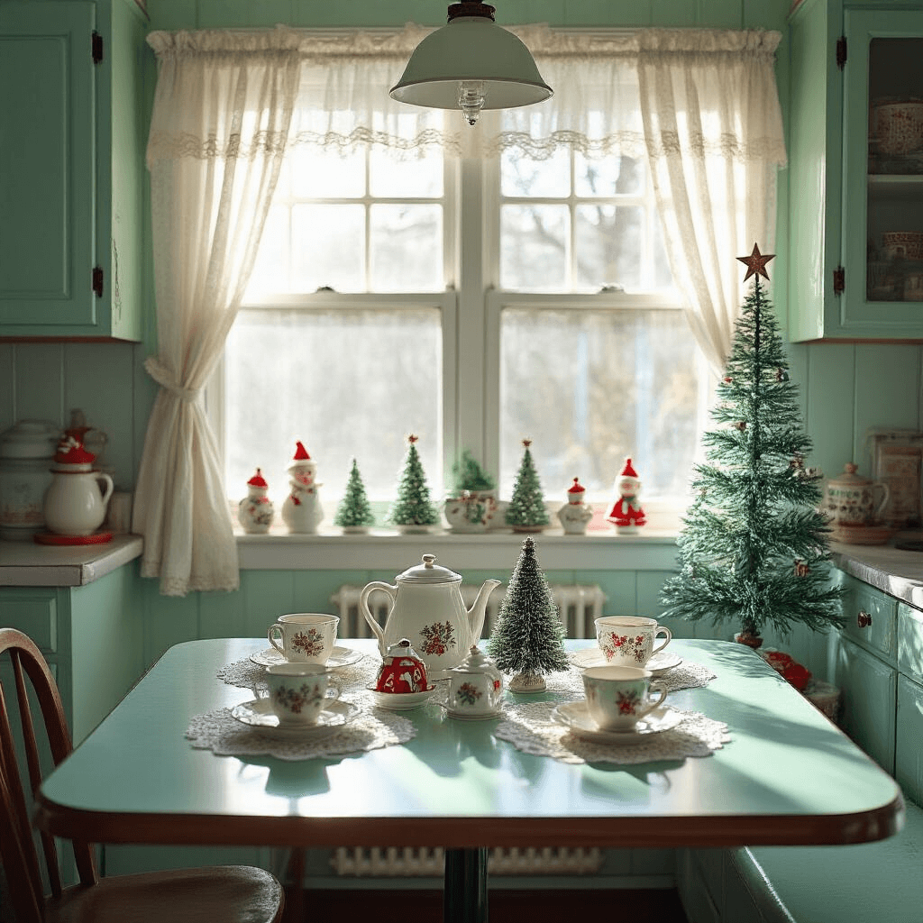 A cozy breakfast nook with mint green vintage metal cabinets and a window adorned with cafe curtains, featuring a Formica table set with ceramic Christmas figurines and bottle brush trees on lace doilies. A vintage aluminum Christmas tree stands in the corner, reflecting morning light on well-worn linoleum. The scene captures a nostalgic color palette of mint green, soft turquoise, silver, and accents of vintage red and white.