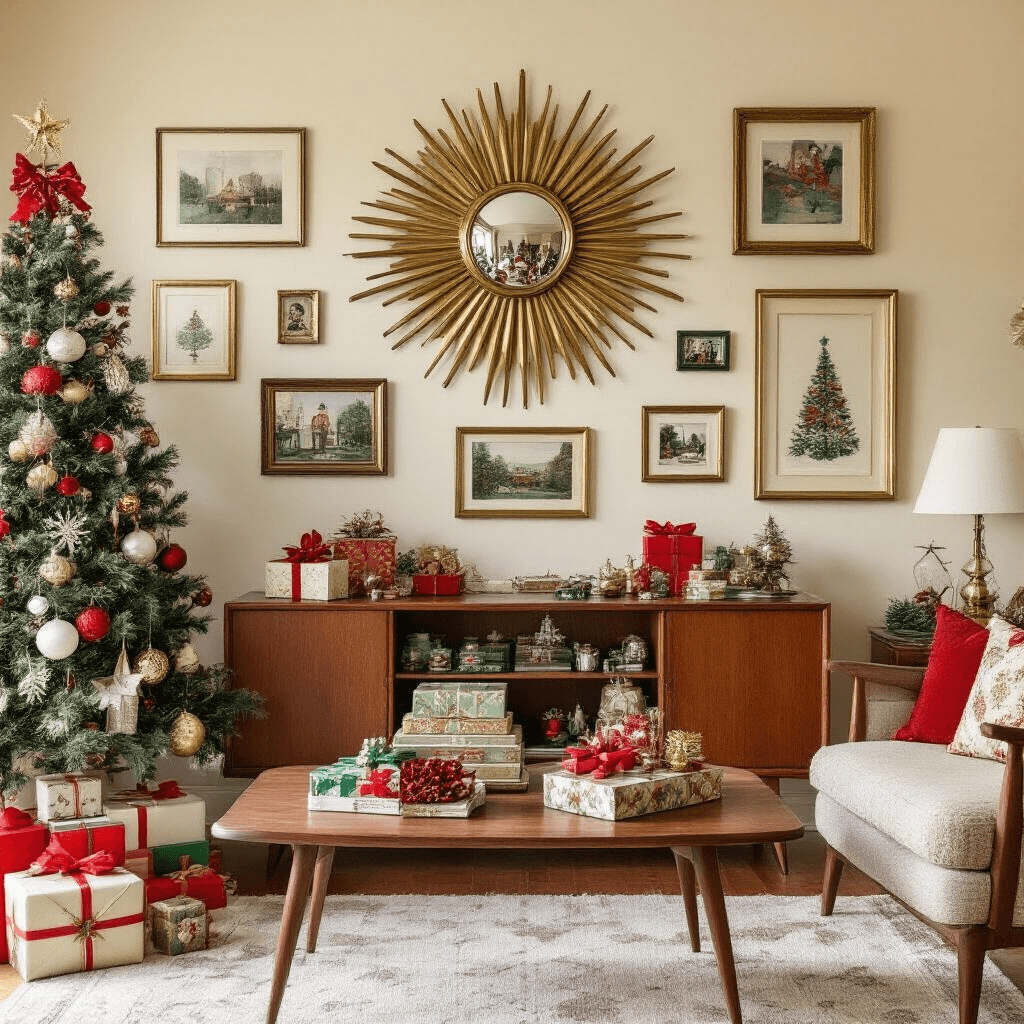 A mid-century modern living room features a 12ft accent wall adorned with a floor-to-ceiling collage of vintage Christmas cards, antique frames, and family photos connected by red baker's twine in geometric patterns. A brass sunburst mirror serves as the centerpiece, surrounded by vintage gift boxes and metallic ornaments, all captured in warm afternoon light.