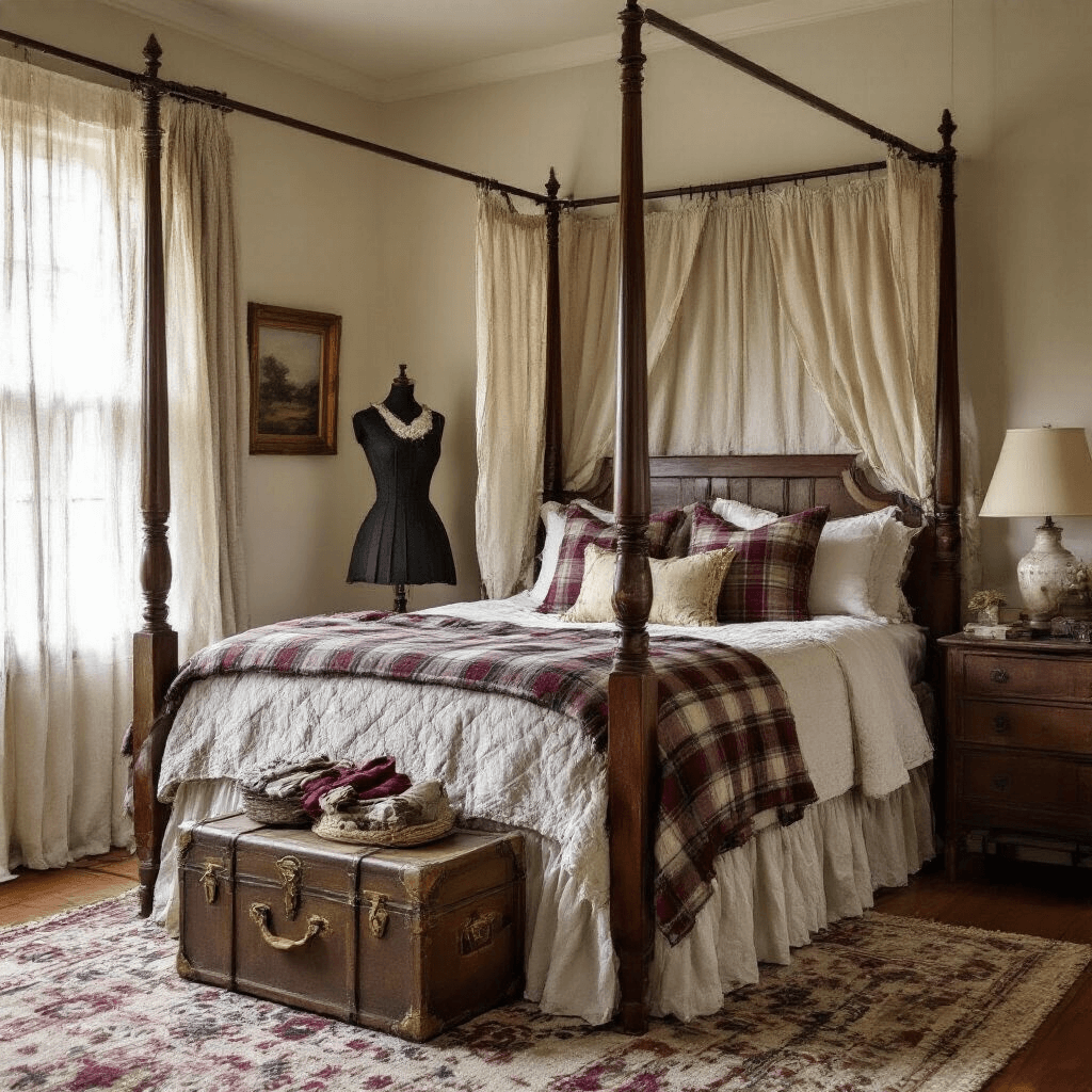 A cozy master bedroom featuring a four-poster bed with vintage wool plaid blankets, morning light filtering through sheer drapes, and an antique dress form in cream crinoline. A weathered trunk displays handmade stockings, with warm tones of plaid, cream, burgundy, and forest green accented by golden touches.