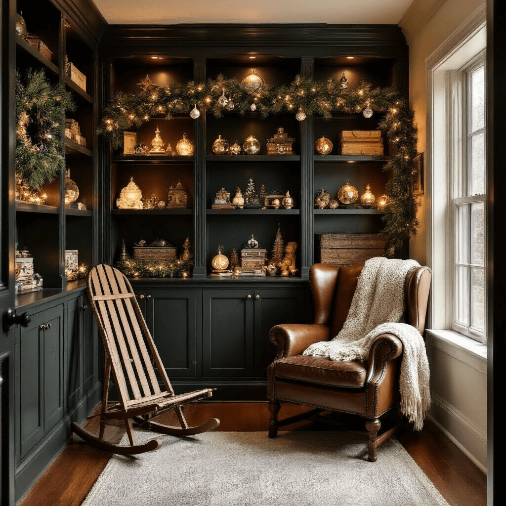 A cozy 10x12ft den at dusk featuring floor-to-ceiling built-in shelves filled with illuminated vintage ornaments, an antique wooden sled adorned with pine garland, and a leather wingback chair with a handknit throw, all set against warm cream walls and deep green accents.