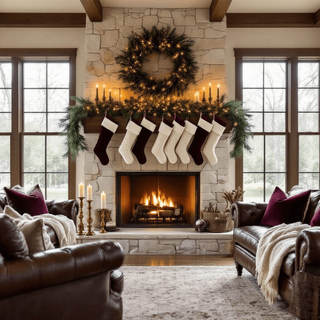 A craftsman-style living room with a limestone fireplace illuminated by golden hour light, featuring a pine and cedar garland on the mantle, vintage mercury glass ornaments, and cable-knit white stockings. Brass candlesticks with ivory taper candles enhance the cozy ambiance, while leather furniture and textured pillows are softly blurred in the background. Color palette includes cream, forest green, deep burgundy, and metallic accents.