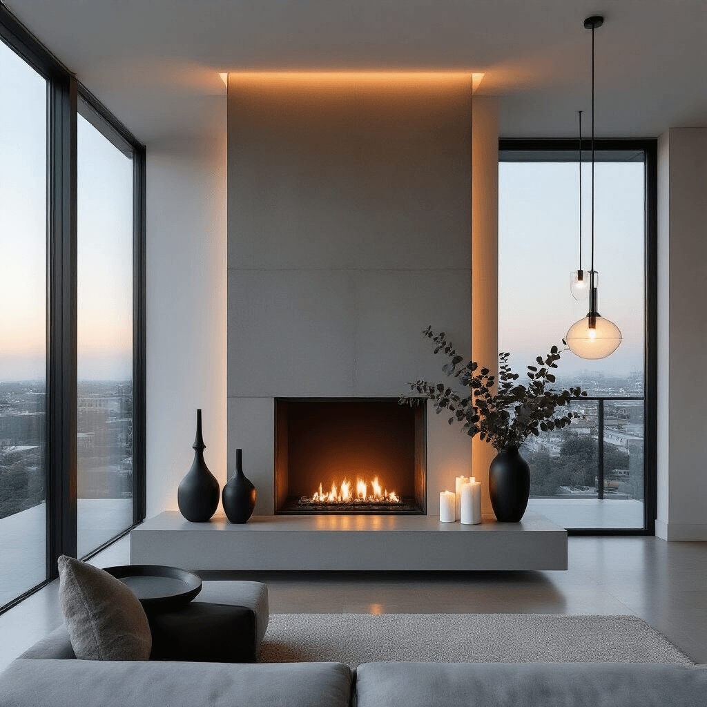 A modern minimalist penthouse living room at dusk with a floating concrete fireplace, monochromatic mantle featuring geometric metal sculptures, black ceramic vessels, and white pillar candles. A silver dollar eucalyptus garland adds organic texture, while linear LED strips create ambient backlighting. The color palette includes warm grays, white, black, and sage green accents, with industrial-style pendant lights reflecting in floor-to-ceiling windows.