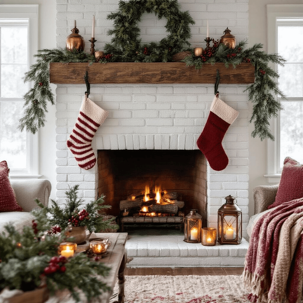 Cozy cottage living room featuring a whitewashed brick fireplace with a reclaimed wood mantle, adorned with layered greenery of pine, berries, and dried orange slices. Handknit cream and red striped stockings hang from antique hooks, while vintage copper lanterns and mercury glass votives cast warm light. The scene captures a snowy morning atmosphere, highlighted by natural window light and warm artificial fill in a palette of cream, forest green, cranberry red, and aged copper.