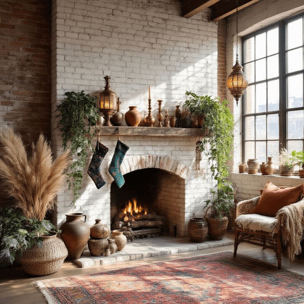 A bohemian artist's loft featuring an exposed brick fireplace adorned with vintage brass candlesticks, eclectic pottery, and trailing pothos plants. Jewel-toned handwoven tapestry stockings hang asymmetrically, while Moroccan lanterns cast intricate shadows. Sunlight streams through industrial windows, illuminating the space with a warm color palette of terracotta, emerald, sapphire, amber, and aged brass.