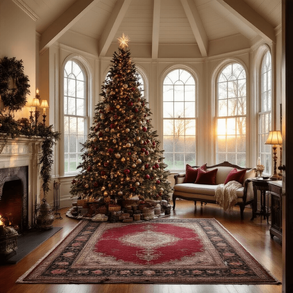 Traditional Christmas Tree Decor: A Nostalgic Journey of Festive Elegance A cozy traditional living room featuring a 9ft Noble Fir decorated with vintage glass ornaments and soft white lights, set against a backdrop of 12ft cathedral ceilings. The room captures the warm glow of golden hour, with a Persian rug in muted reds and ambient lighting from antique brass lamps enhancing the inviting atmosphere.
