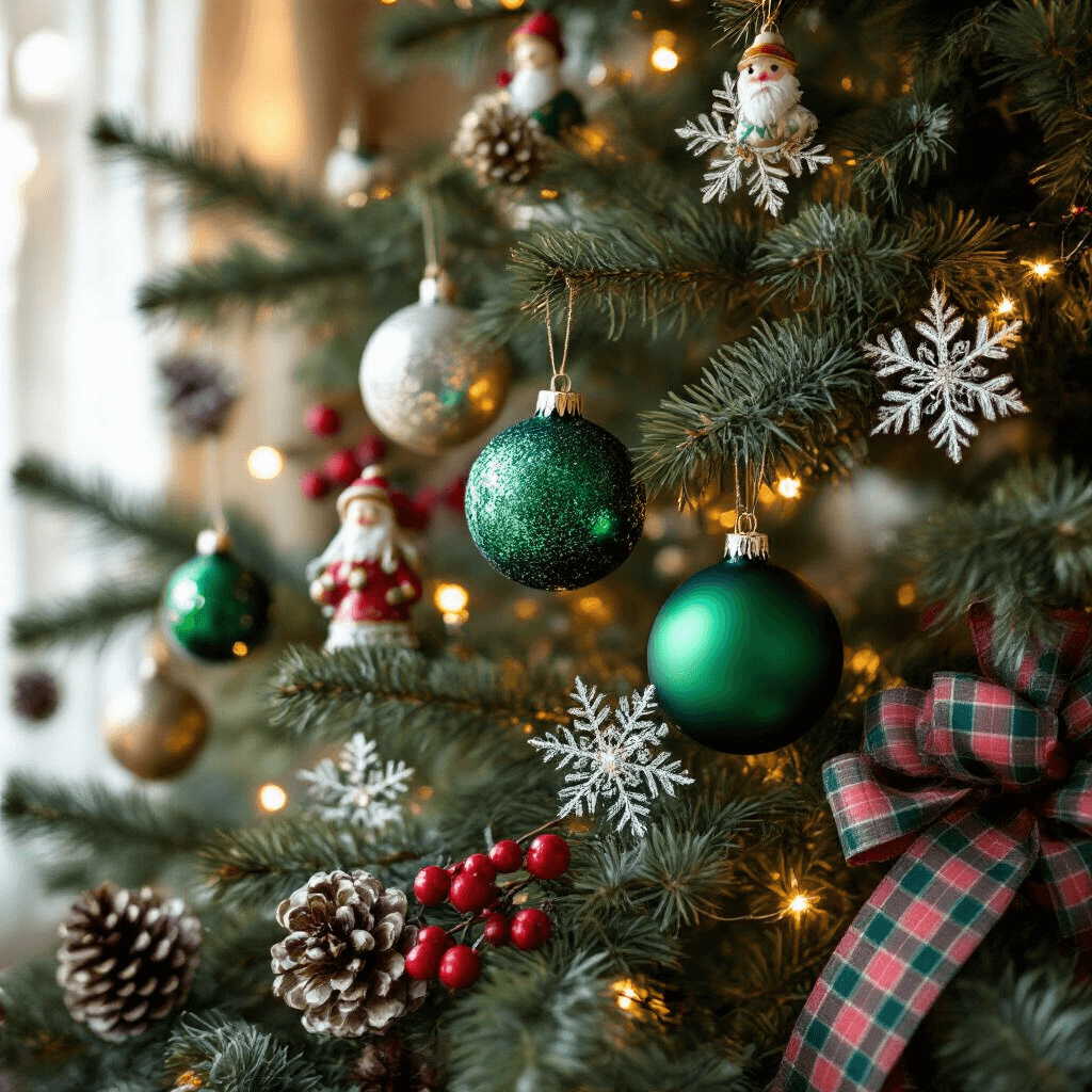 Traditional Christmas Tree Decor: A Nostalgic Journey of Festive Elegance Close-up of a Christmas tree showcasing layered ornaments, including deep forest green mercury glass baubles near the trunk, vintage figurines and snowflakes at branch tips, and handmade paper roses nestled among the branches, all illuminated by morning light and warm LED lights, with frosted pinecones and red berry sprigs adding natural elements and a traditional plaid ribbon woven through.