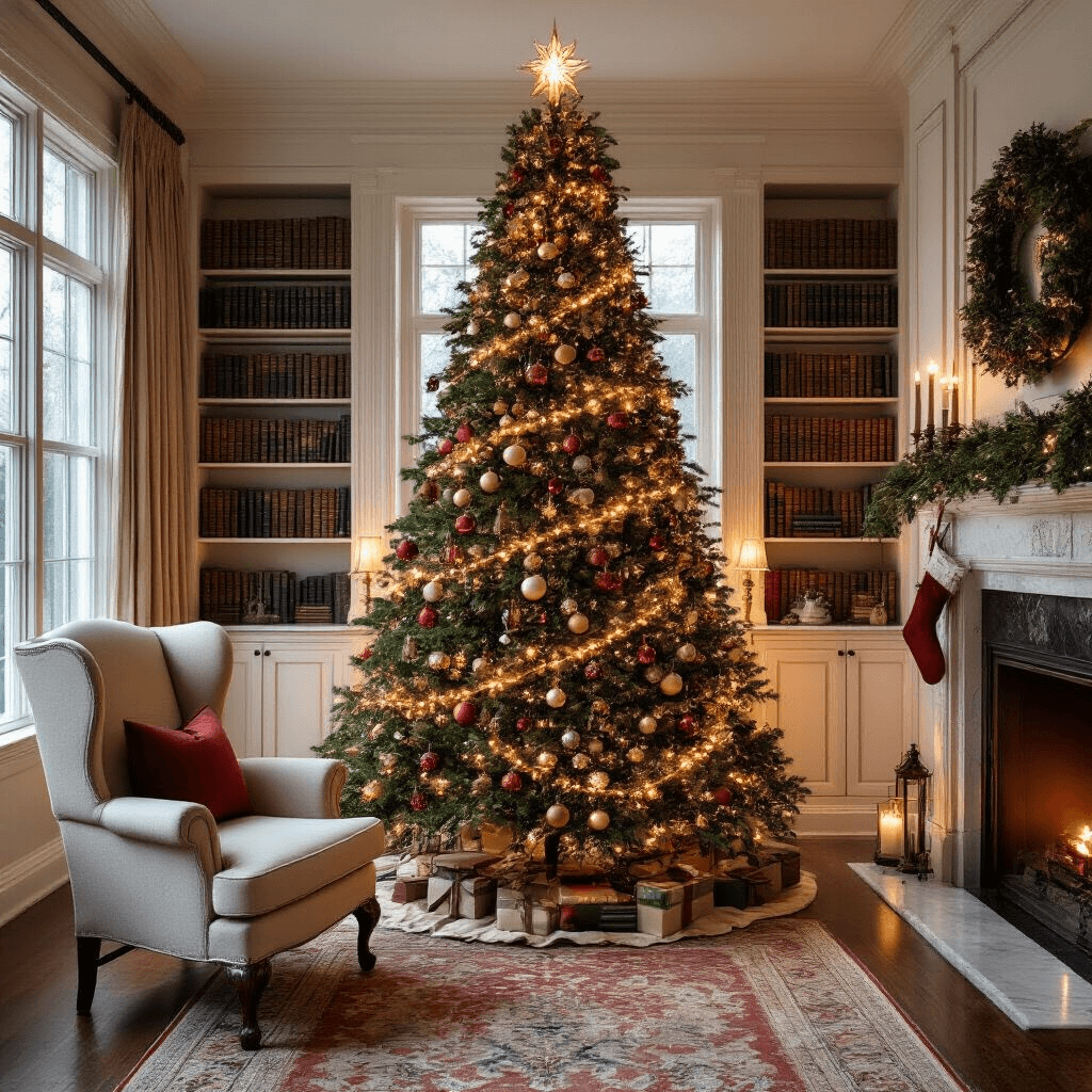 Traditional Christmas Tree Decor: A Nostalgic Journey of Festive Elegance A beautifully decorated formal living room at dusk, featuring a 10ft Christmas tree illuminated by warm string lights, surrounded by built-in bookcases. The traditional decor includes deep reds, hunter green, and burnished gold accents, with vintage glass ornaments and beaded garlands. Cream linen wing chairs flank the tree, while a marble fireplace adorned with stockings serves as a secondary focal point, enhanced by the soft glow of candlelight.