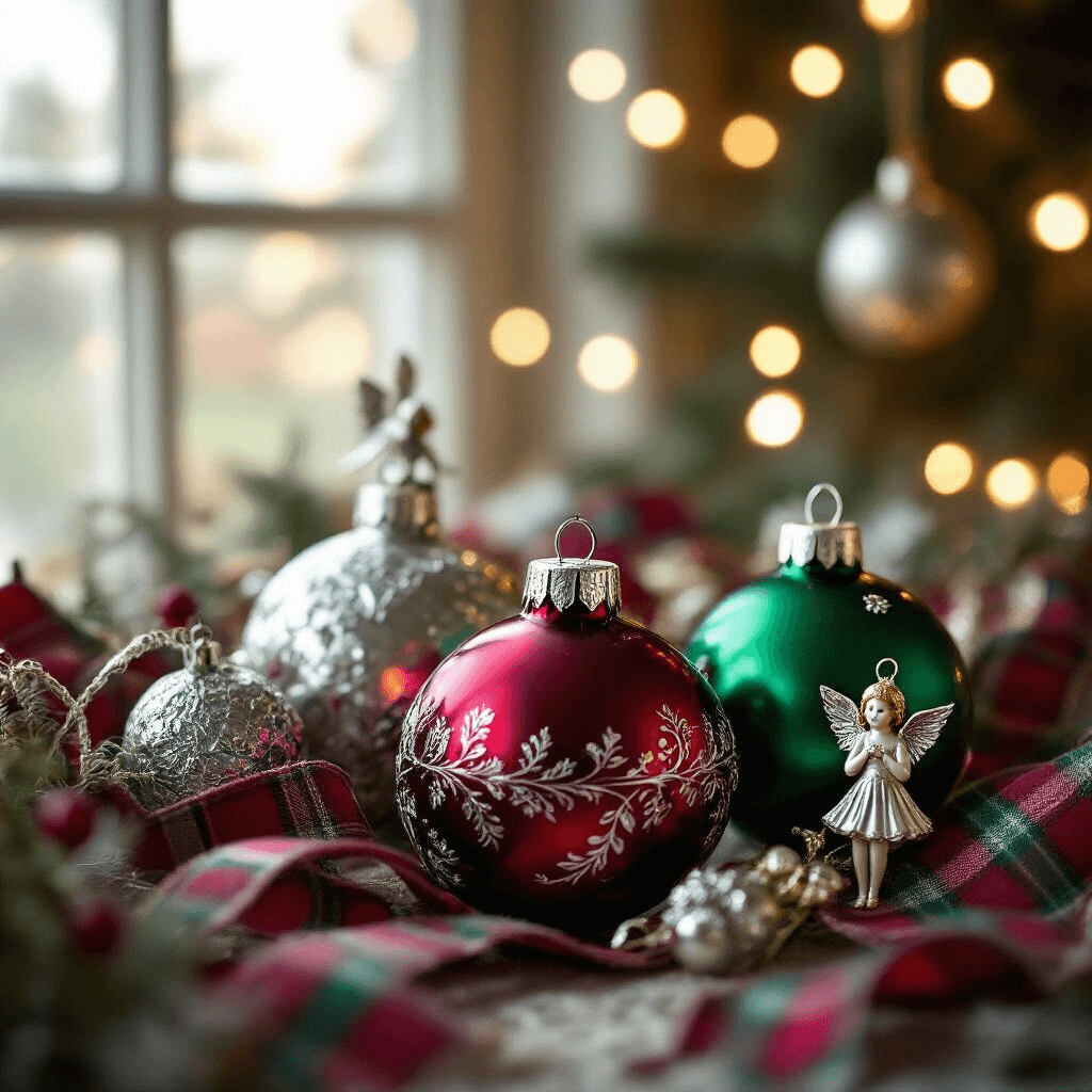 Traditional Christmas Tree Decor: A Nostalgic Journey of Festive Elegance Macro shot of Victorian-inspired glass baubles in burgundy and emerald, antique silver finials, and delicate angel ornaments, with tartan ribbon weaving through in a softly blurred background of warm white tree lights.