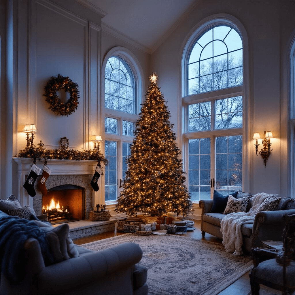 Traditional Christmas Tree Decor: A Nostalgic Journey of Festive Elegance A warm and inviting great room at blue hour, featuring a towering 12ft Christmas tree adorned with family heirloom ornaments. The room, with 14ft ceilings, showcases traditional decor, including a stone fireplace draped with garland, antique brass sconces casting a soft glow, and rich textures like needlepoint stockings and wool throws, all creating an intimate family atmosphere.