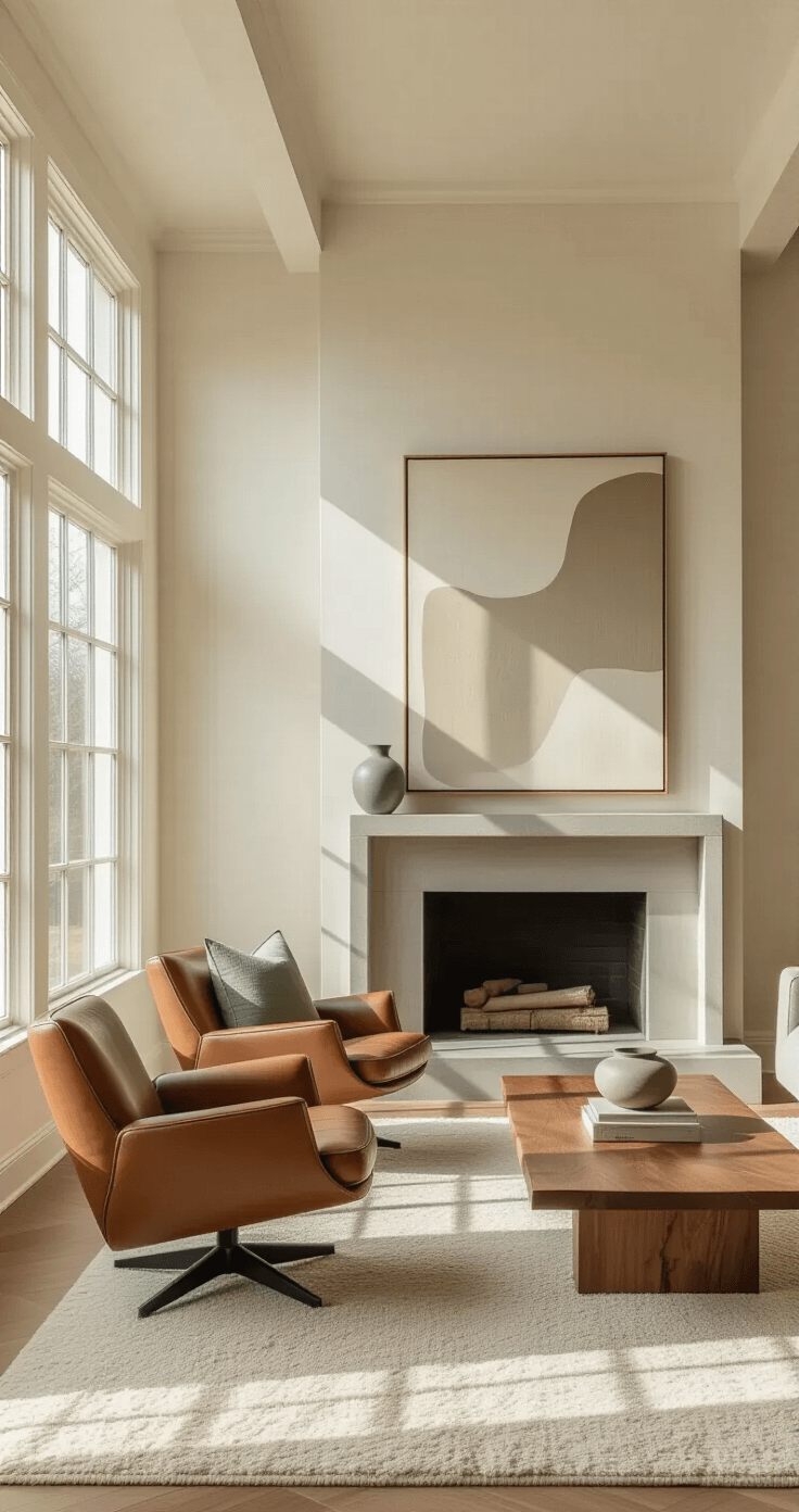 A spacious, open-plan living room with high ceilings, large windows, warm off-white walls, and a mid-century modern cognac brown leather armchair. A minimalist concrete fireplace and a large abstract canvas above it complement a chunky wooden coffee table on a cream-colored rug, accented by muted sage green decor.