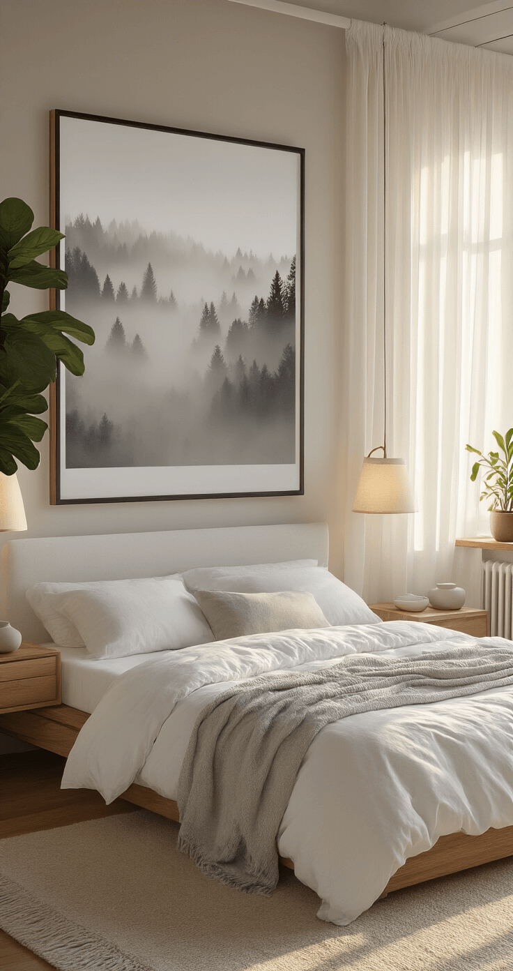 A cozy bedroom bathed in golden hour light, featuring a low-profile platform bed with white linens, a striking black and white forest photograph above, wooden nightstands with ceramic lamps, and a fiddle leaf fig in the corner.
