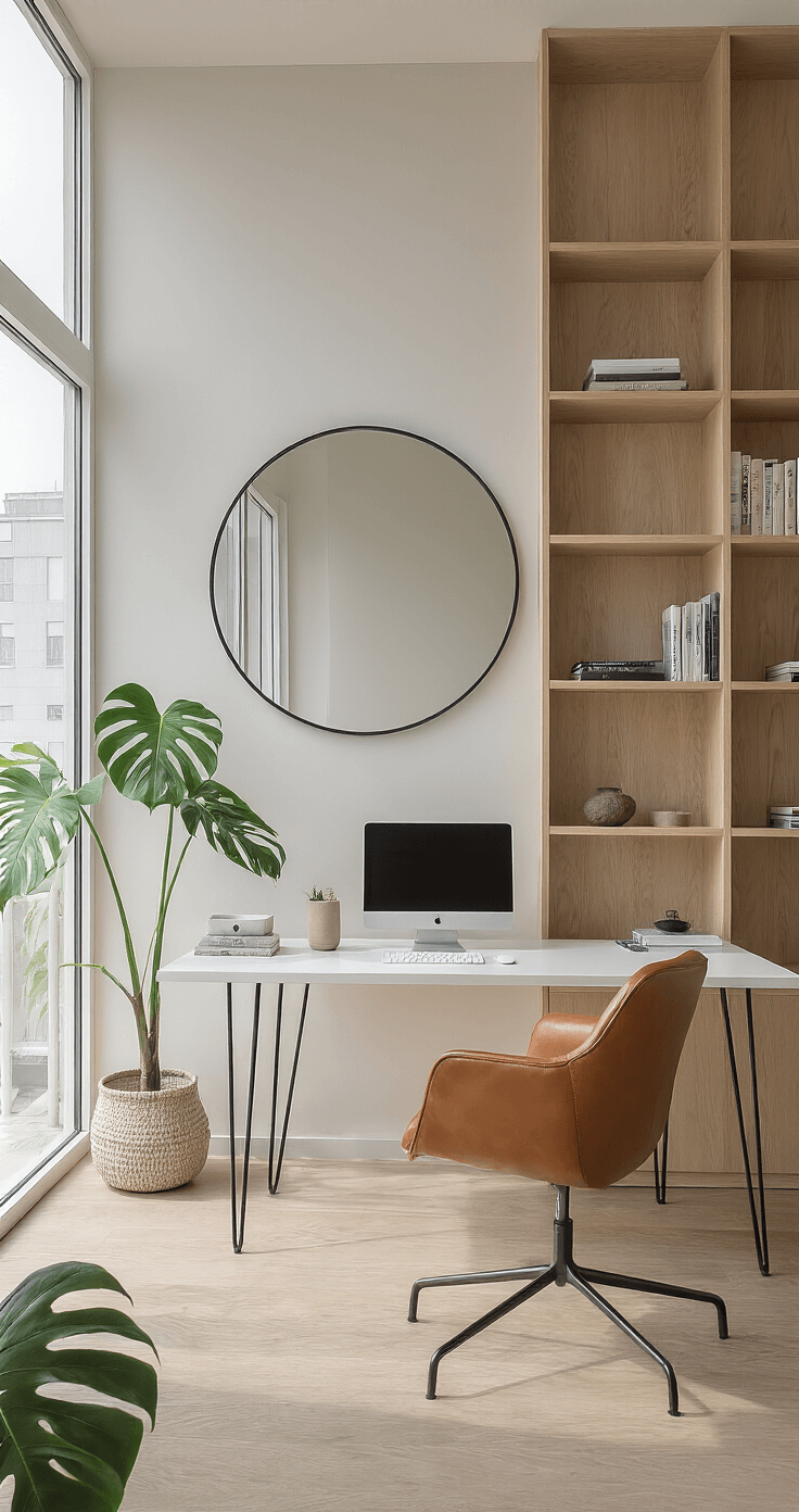 A bright, minimalist home office with floor-to-ceiling windows, featuring a sleek white desk with hairpin legs, a cognac leather ergonomic chair, light oak built-in shelving, a large round mirror, and a Monstera plant in a ceramic pot.