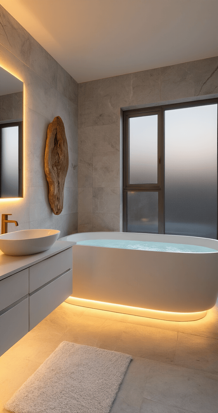 A serene twilight bathroom featuring a matte white freestanding oval bathtub, warm LED-lit floating vanity with a vessel sink and brushed brass faucet, large-format soft gray tiled walls, driftwood art, and a plush white bath mat on smooth stone floors, all bathed in soft ambient lighting.