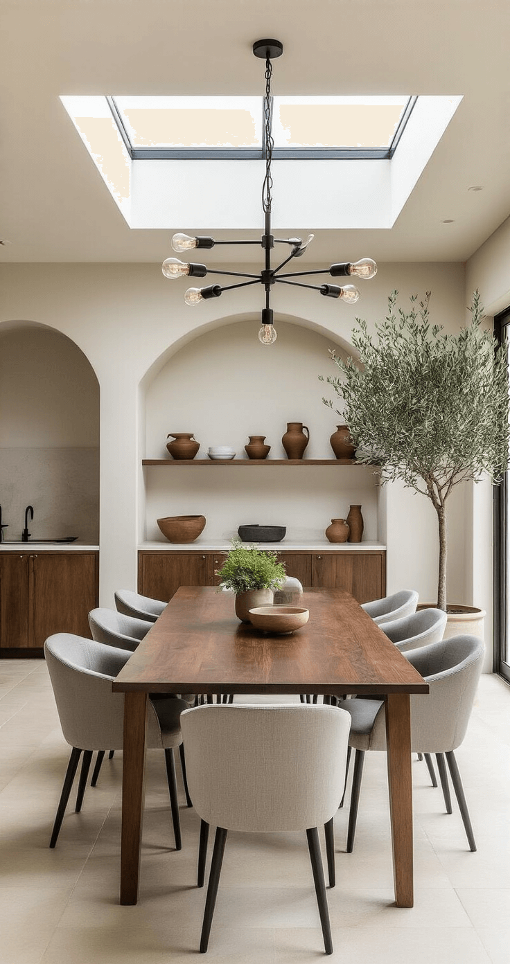 A stylish dining area with a long dark walnut table surrounded by mix-and-match gray and taupe chairs, bathed in natural light from a skylight, featuring a minimalist chandelier and a built-in sideboard displaying organic ceramic pieces, with a large olive tree in the corner.