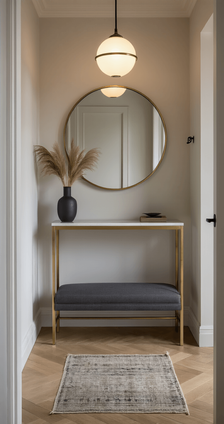An inviting entryway at dusk featuring a modern pendant light, a brass console table with a marble top, a round mirror, a charcoal gray bench, a minimalist coat rack, light oak herringbone flooring, a vintage runner, and a tall vase with pampas grass, all bathed in warm, ambient lighting.