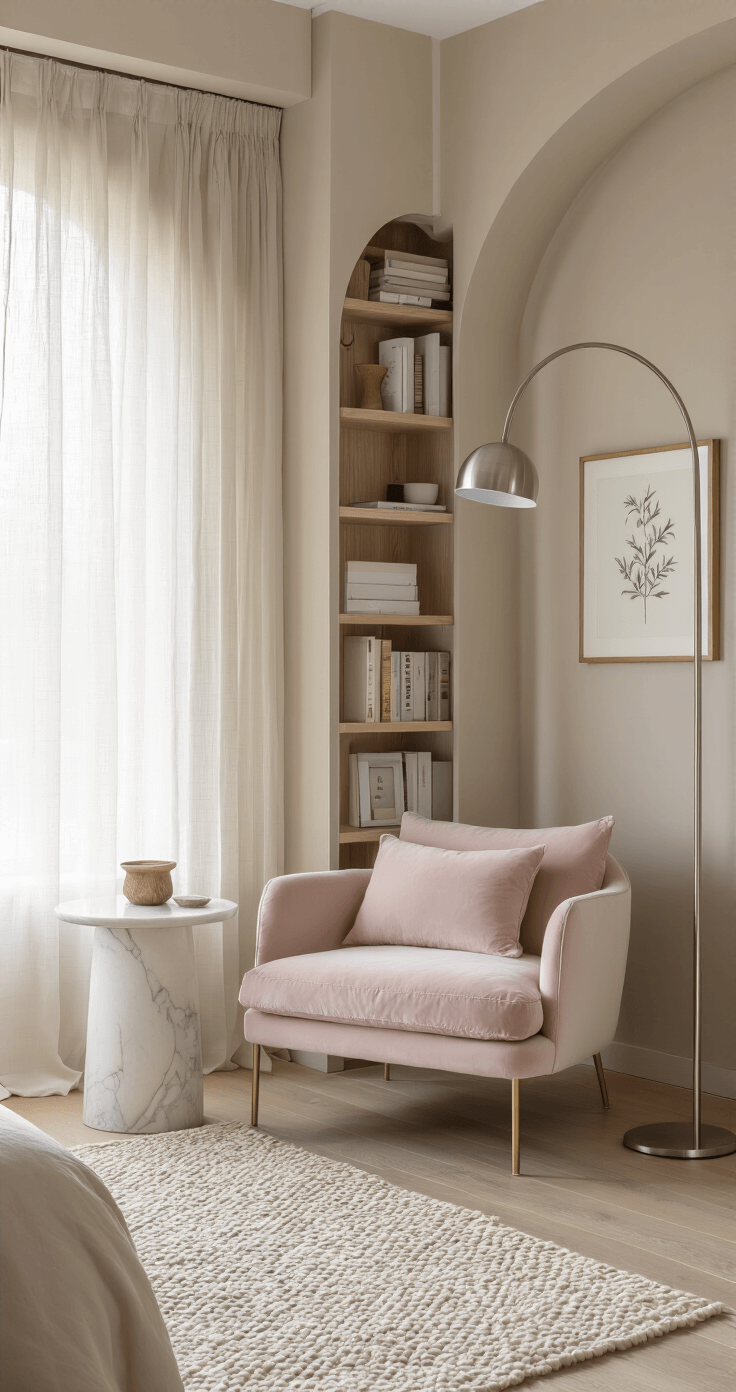 A serene reading nook in a dawn-lit bedroom featuring a blush velvet lounge chair, a marble and brass side table, and a light oak bookshelf filled with books. An arched floor lamp provides ambient light against warm greige walls, complemented by a cream and pale gray rug on light hardwood floors. A framed botanical print hangs above the chair.