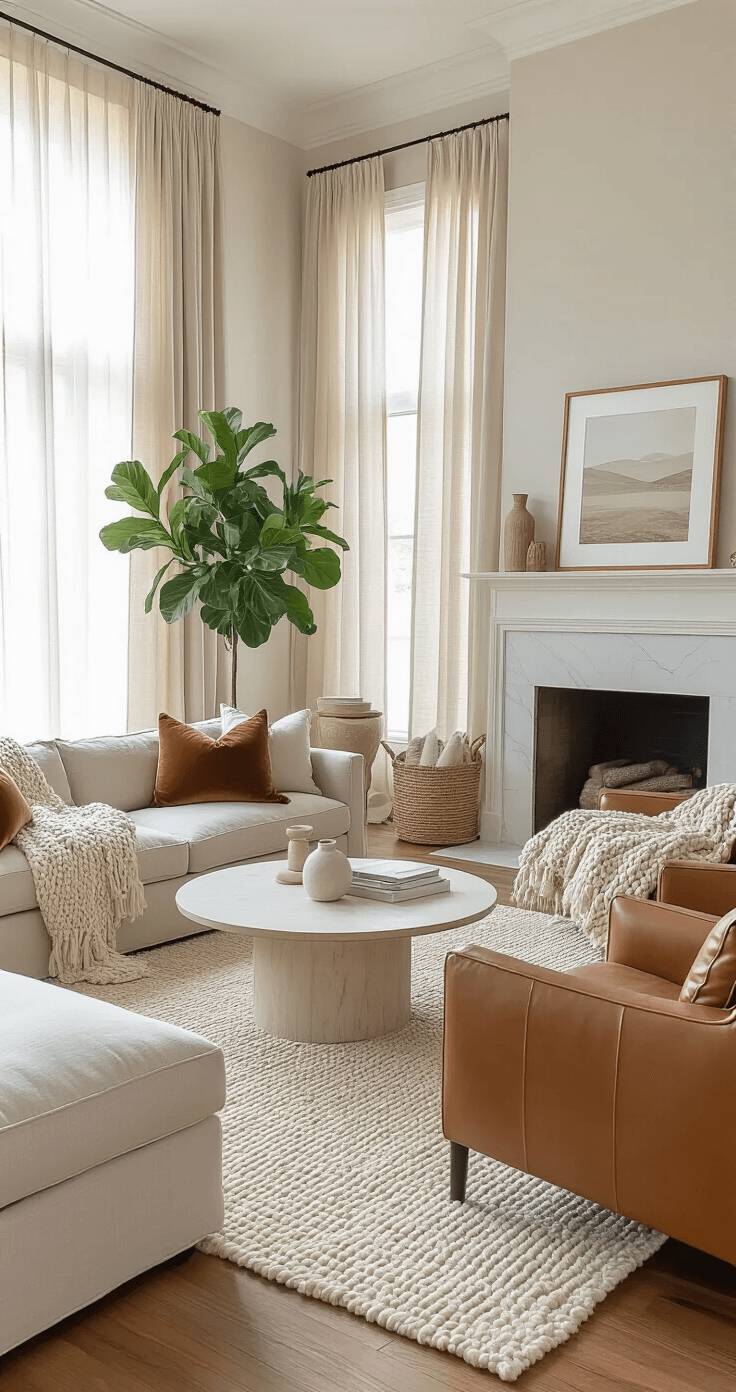 A spacious living room with high ceilings, featuring a greige linen sofa, camel-colored leather armchairs, and a white marble fireplace, all illuminated by soft afternoon light filtering through sheer curtains.