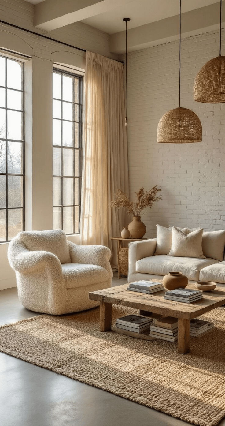 A cozy living area illuminated by golden hour sunlight, featuring exposed white-painted brick walls, polished concrete floors, a cream bouclé armchair, a greige sofa, layered rugs, and a weathered wood coffee table with earthy ceramics. Woven pendant lights cast intricate shadows, and sheer beige curtains sway gently.