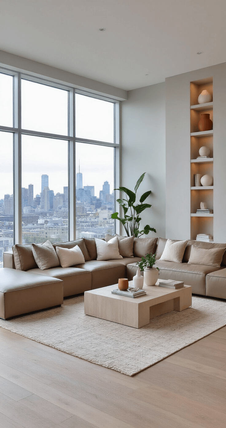 A cozy contemporary living space featuring floor-to-ceiling windows with a twilight city view, light gray walls, and wide-plank oak flooring. A taupe leather sectional sofa with linen and bouclé pillows is complemented by a sculptural coffee table on a geometric-patterned rug. Built-in shelving displays neutral art and books, while potted plants in matte white and terracotta pots add warmth. Soft lighting from sconces and an arched floor lamp create an inviting atmosphere.