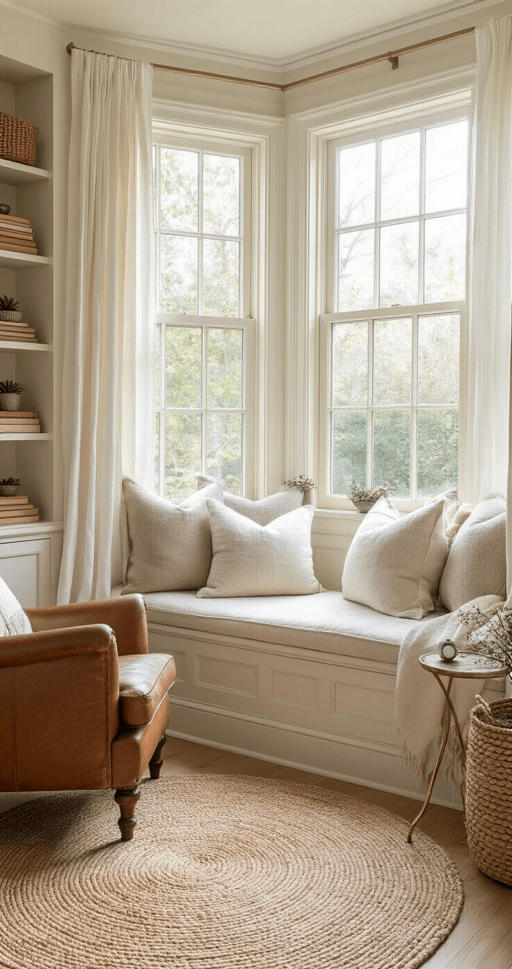 A cozy reading nook with a large bay window, featuring warm ivory wainscoting, a natural linen window seat adorned with textured pillows, light oak floating shelves with vintage books and succulents, a weathered leather armchair on a round jute rug, and a rattan pendant light, all illuminated by soft morning light.
