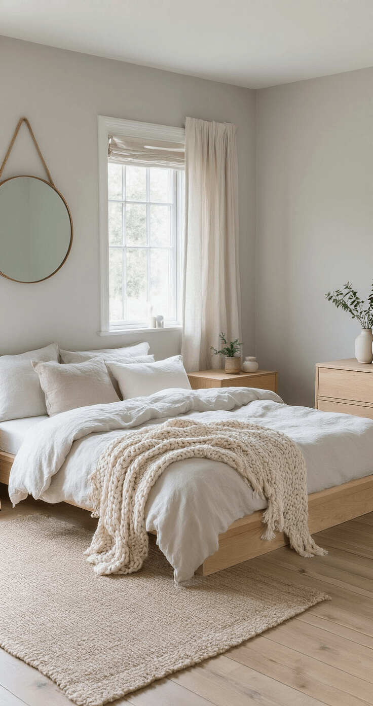 A serene Scandinavian-inspired bedroom featuring light gray walls, bleached oak floors, a natural wood platform bed with soft linen bedding, floating nightstands with ceramic lamps, a round brass-framed mirror above an oak dresser, and sheer linen curtains filtering warm afternoon light.