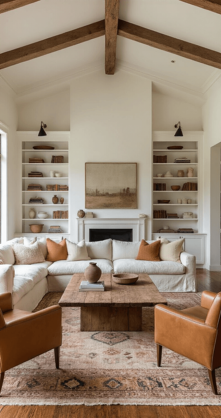 A cozy living room blending vintage and modern styles, featuring a large slipcovered sofa, mid-century armchairs, a rustic coffee table, and a Persian rug, illuminated by warm afternoon light with high ceilings and exposed beams.
