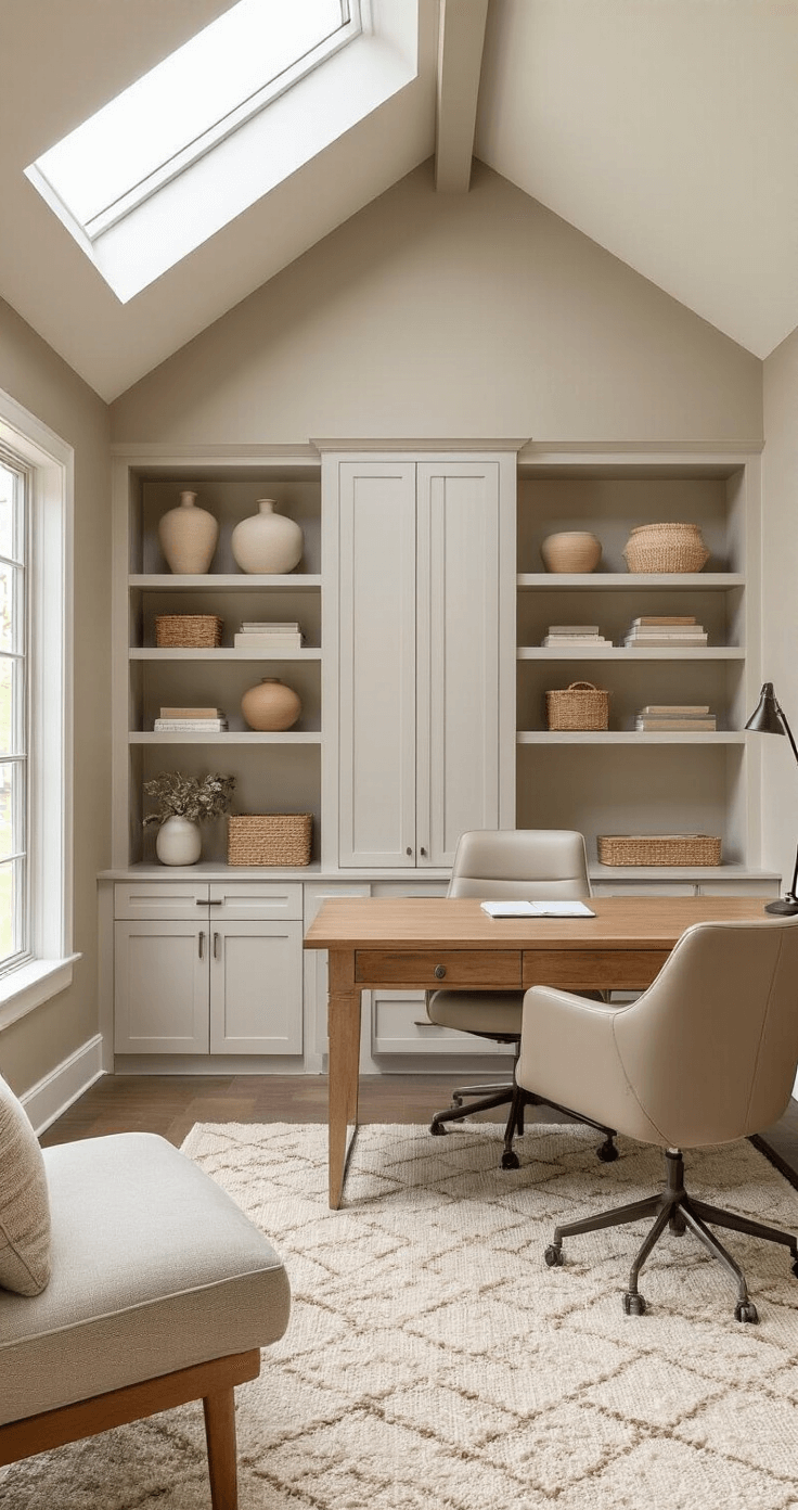 A serene home office featuring warm greige walls, a large wooden desk, an ergonomic taupe leather chair, a plush cream geometric rug, and open shelving with neutral decor. A cozy reading nook with a mid-century lounge chair and brass floor lamp, illuminated by natural light from a skylight and side window with sheer roman shades, and a potted olive tree adding a touch of nature.