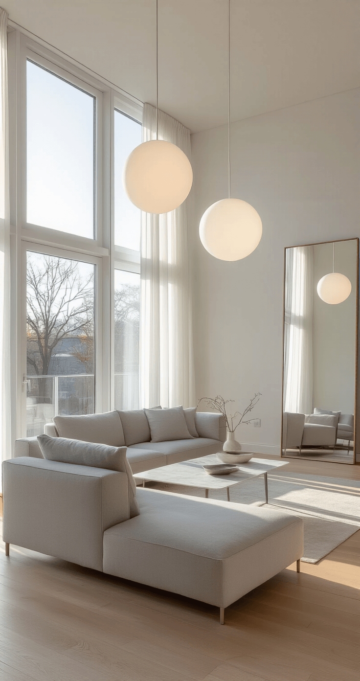 A bright, airy living room featuring floor-to-ceiling windows, minimalist white walls, warm oak flooring, a gray sofa, a marble coffee table, pendant lights, and a large mirror, all illuminated by natural sunlight and soft artificial light.