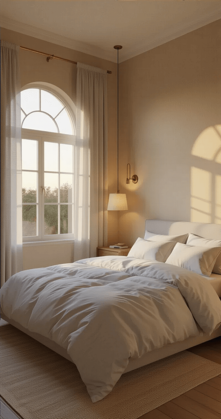 Cozy bedroom at dusk with a king-size bed, warm beige walls, sheer linen curtains, and minimalist brass sconces, creating a serene atmosphere.