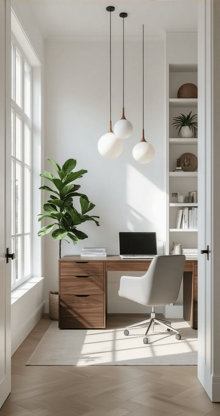 A bright and modern home office featuring white walls, a dark walnut desk with a light gray ergonomic chair, minimalist pendant lights, a floor-to-ceiling bookshelf filled with books and decor, and a large fiddle leaf fig plant, all captured in a wide-angle shot from the doorway.